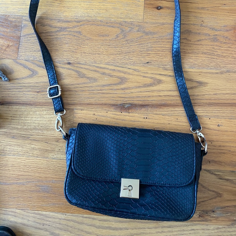 Francescas black purse with snake texture
